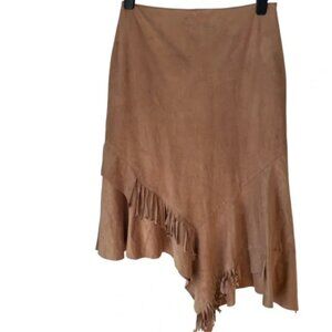 Fall Boho Coastal Asymmetric Faux Suede Fringe Hem Midi Skirt | Tan Brown  |